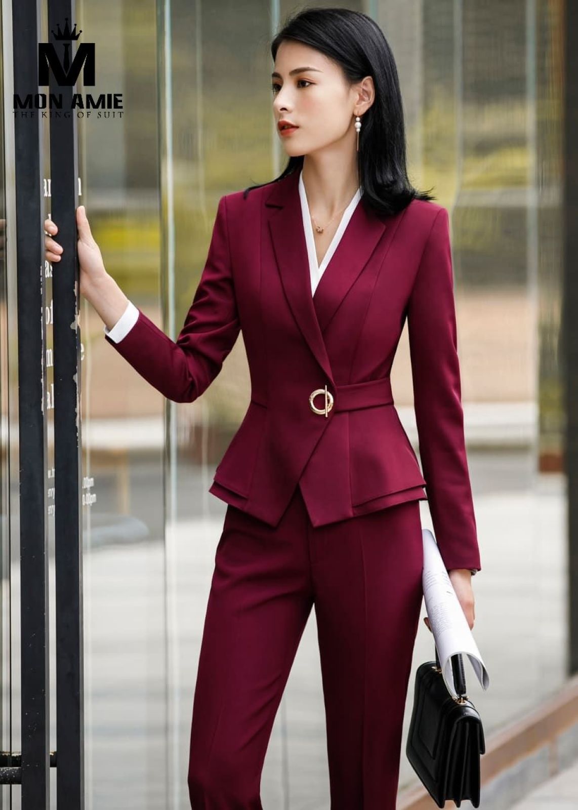 Red Peplum Suit With Trousers 